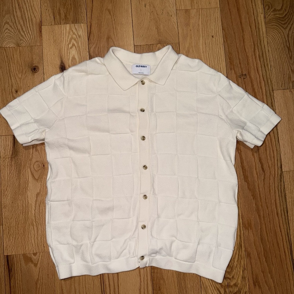 Old Navy Mens Beige Bottom Down Shirt Square Pattern Size Large Short Sleeve